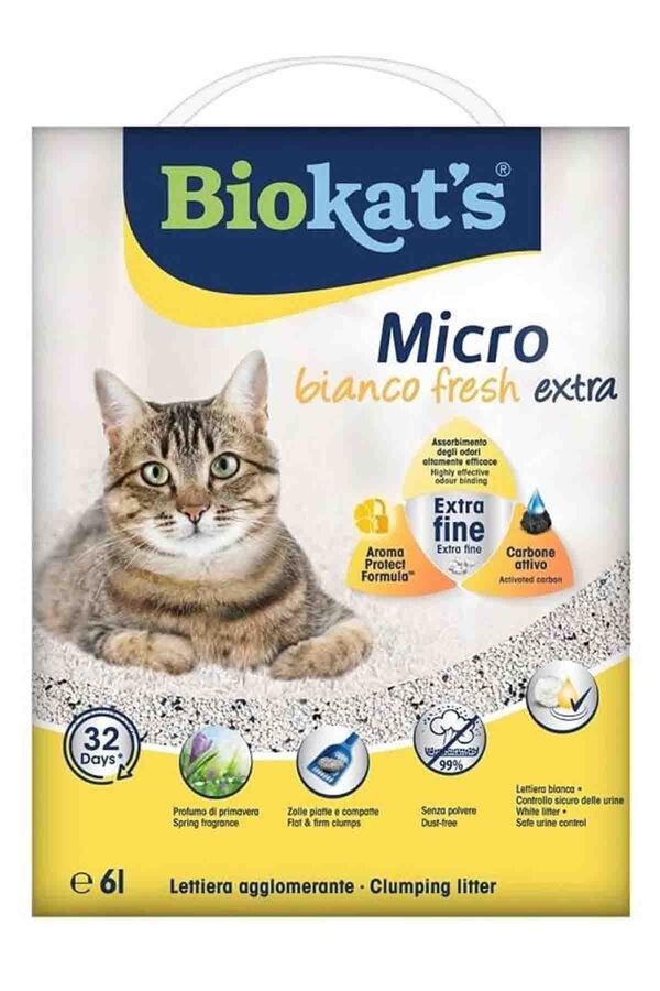 Biokats Micro Bianco Fresh Extra Topaklanan Aktif Karbonlu Bentonit Kedi Kumu 6lt