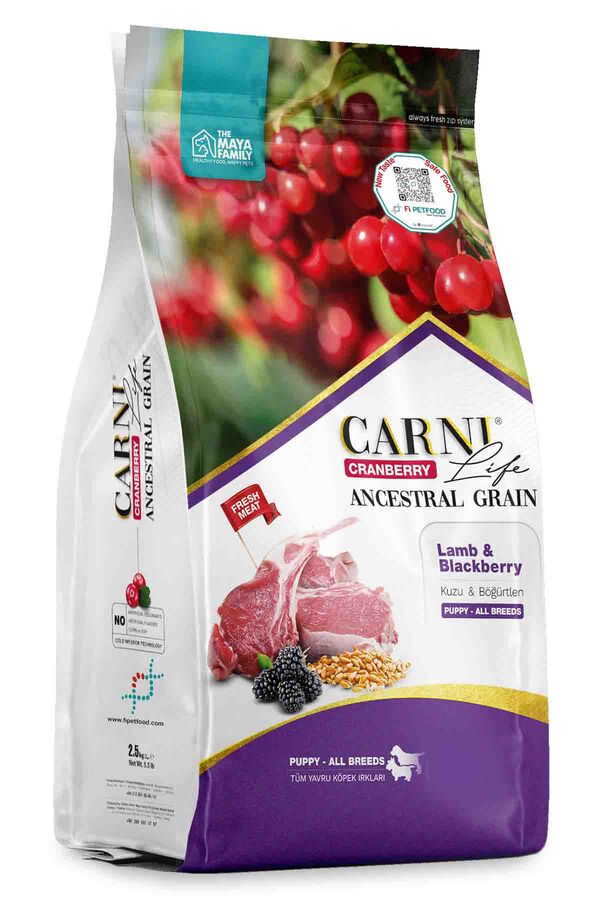 Carni Life Cranberry Ancestral Grain Kuzu ve Böğürtlen Tüm Irklar İçin Yavru Köpek Maması 12kg