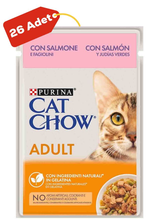 Cat Chow Pouch Jöle İçinde Somonlu ve Yeşil Fasulyeli Yetişkin Kedi Konservesi 26x85gr 26lı