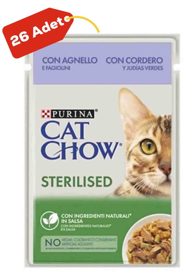 Cat Chow Pouch Sos İçinde Kuzu Etli ve Yeşil Fasulyeli Kısırlaştırılmış Kedi Konservesi 26x85gr 26lı