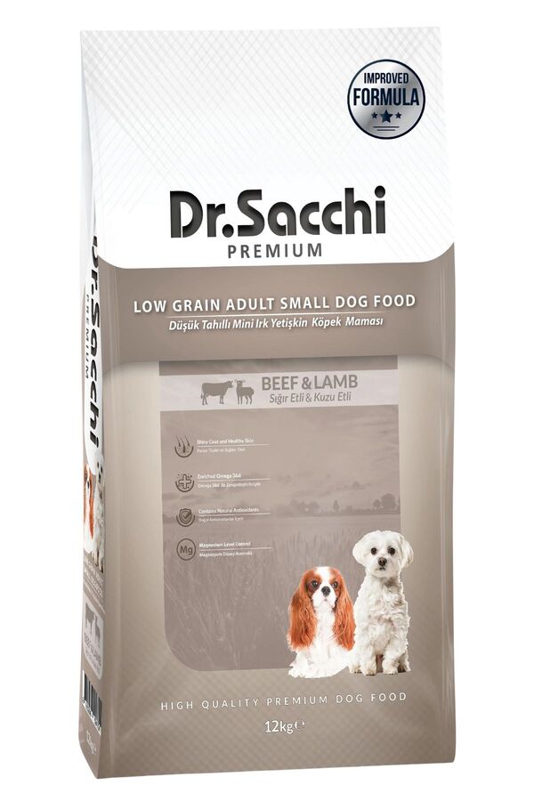 Dr.Sacchi Düşük Tahıllı Sığır Etli ve Kuzu Etli Mini Irk Yetişkin Köpek Maması 12kg