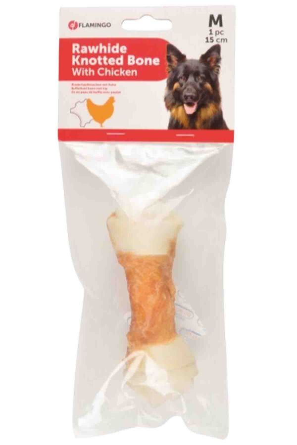 Flamingo Tavuk Parçacıklı Düğümlü Deri Köpek Kemiği 15cm 70gr