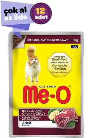 ME-O - Me-O Adult Gravy Soslu Biftek ve Kuzulu Yetişkin Kedi Konservesi 12x80gr (12li)