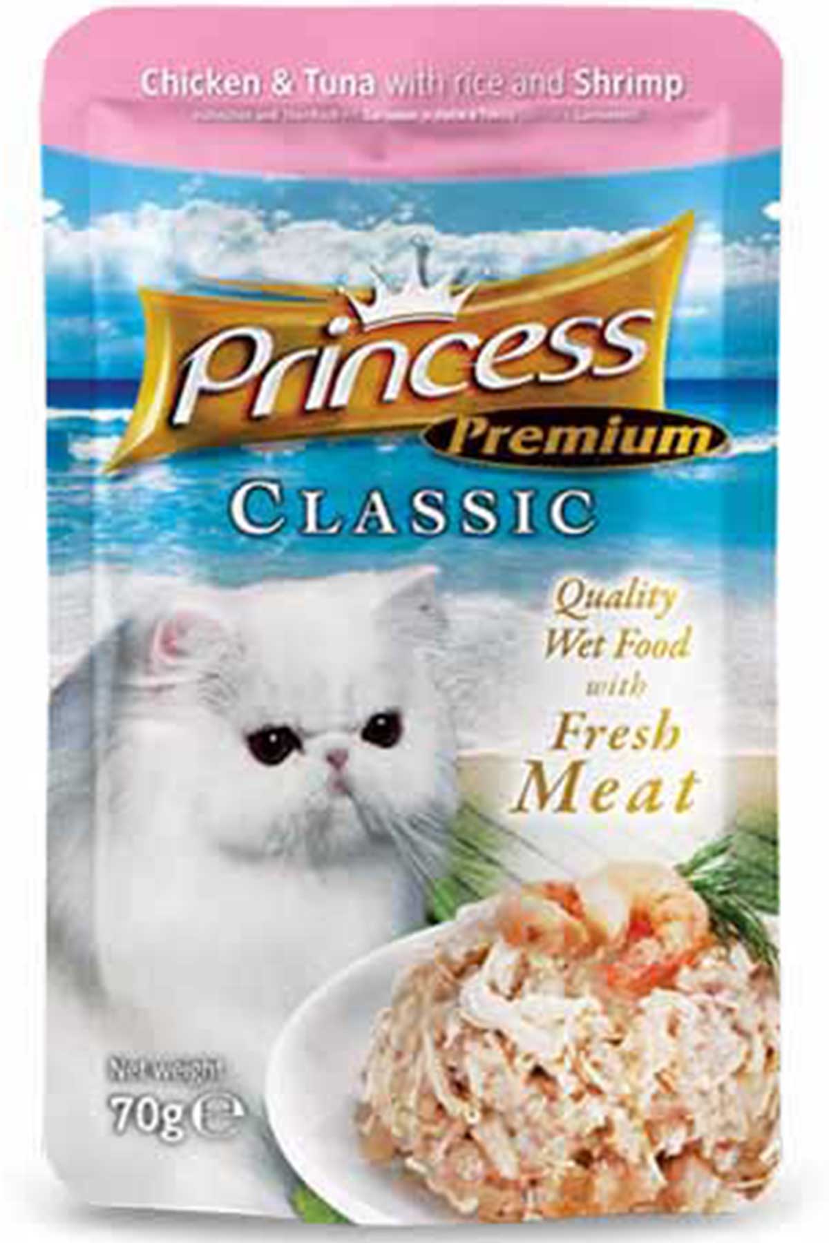 Princess Classic Pouch Tavuklu Ton Balıklı Karidesli ve Pirinçli Yetişkin Kedi Konservesi 70gr