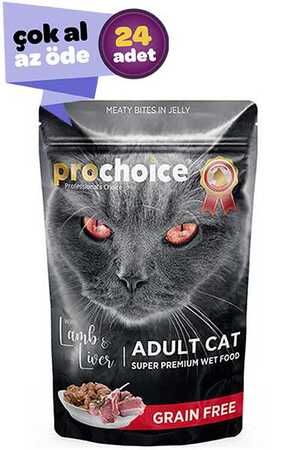 PRO CHOICE - Prochoice Pouch Kuzu ve Ciğerli Tahılsız Yetişkin Kedi Konservesi 24x85 Gr (24lü)