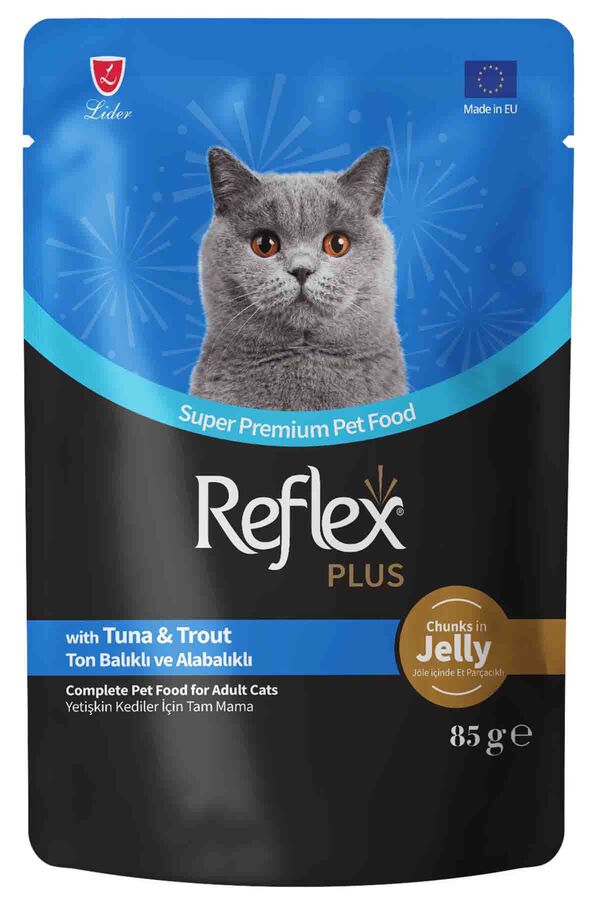 Reflex Plus Jöle İçinde Et Parçacıklı Ton Balıklı ve Alabalıklı Yetişkin Kedi Konservesi 85gr