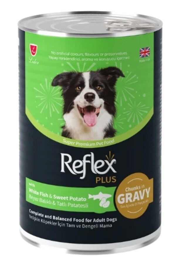 Reflex Plus Sos İçinde Et Parçacıklı Beyaz Balıklı ve Tatlı Patatesli Yetişkin Köpek Konservesi 400gr