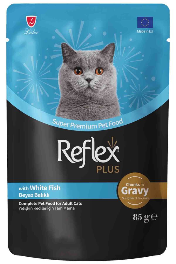 Reflex Plus Sos İçinde Et Parçacıklı Beyaz Balıklı Yetişkin Kedi Konservesi 85gr