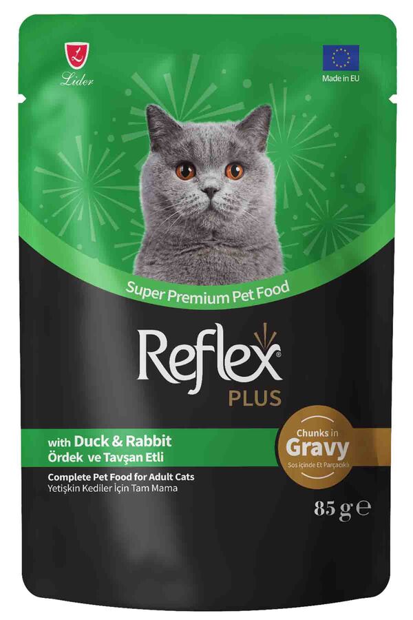 Reflex Plus Sos İçinde Et Parçacıklı Ördekli ve Tavşanlı Yetişkin Kedi Konservesi 85gr