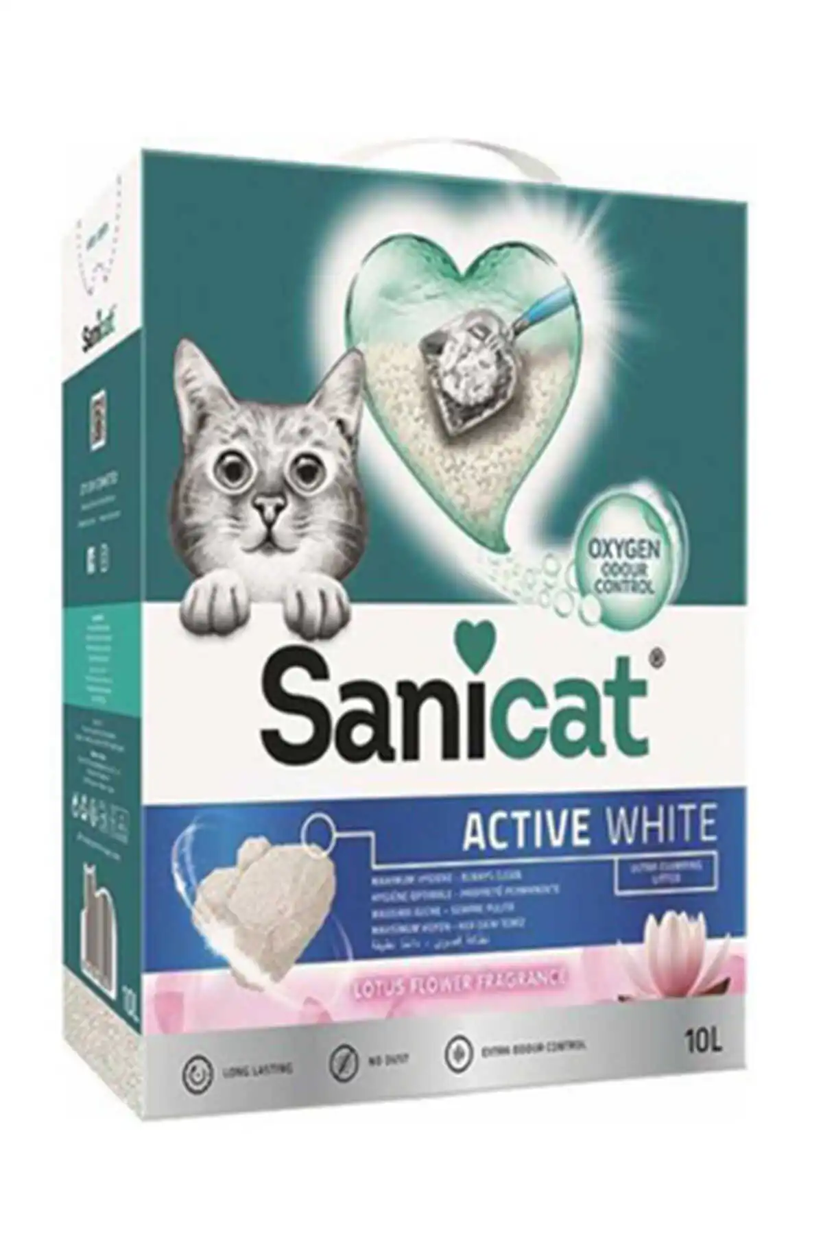 Sanicat Active White Oksijen Kontrollü Koku Emici Lotus Çiçeği Kokulu Ultra Topaklanan Kedi Kumu 10lt