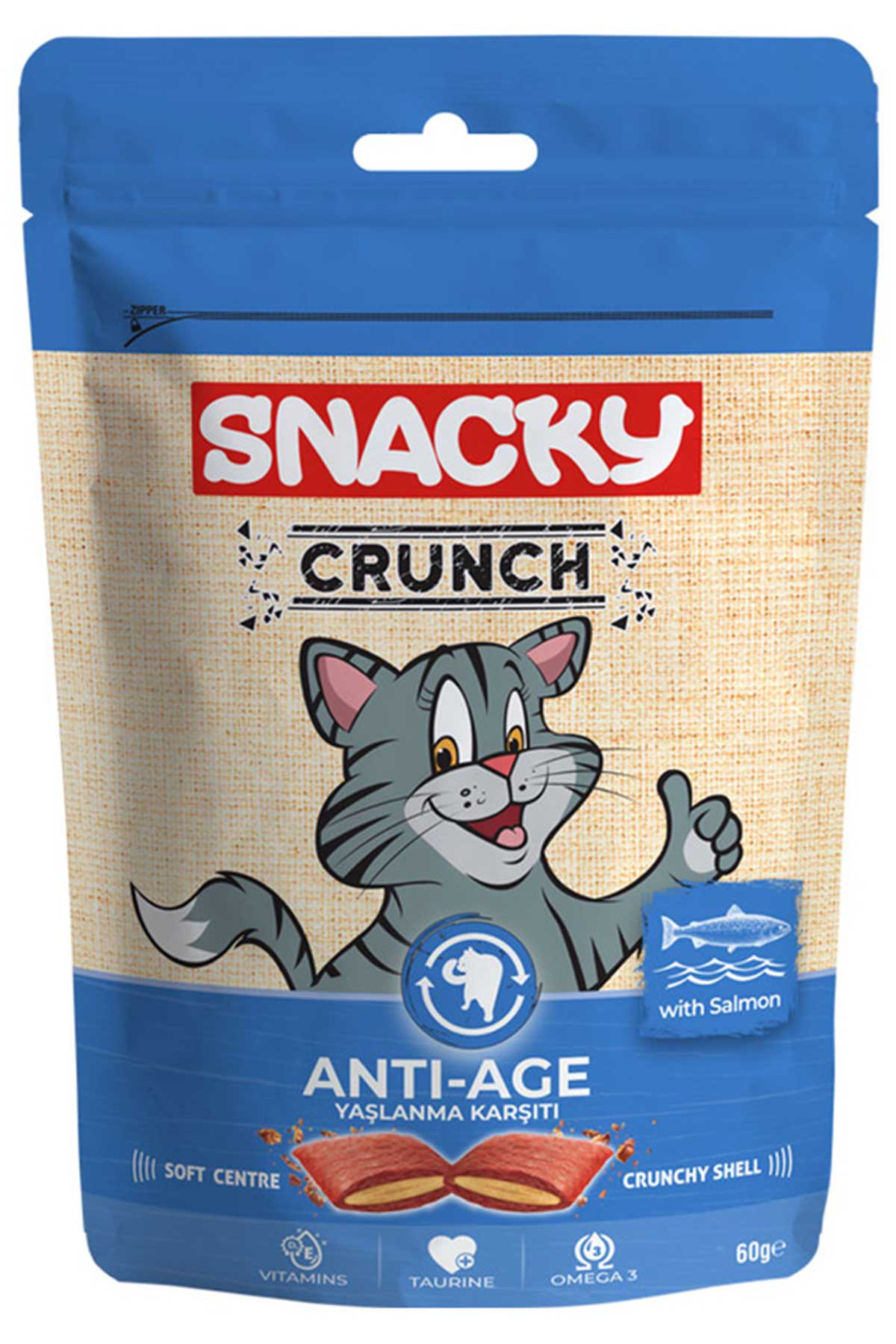 Snacky Crunch Anti-Age Yaşlanma Karşıtı Somonlu Kedi Ödül Maması 60gr