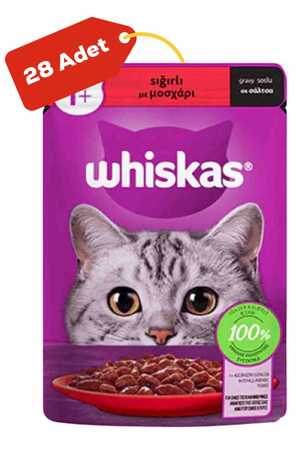 WHISKAS - Whiskas Pouch Sos İçinde Sığır Etli Yetişkin Kedi Konservesi 28x85gr 28li